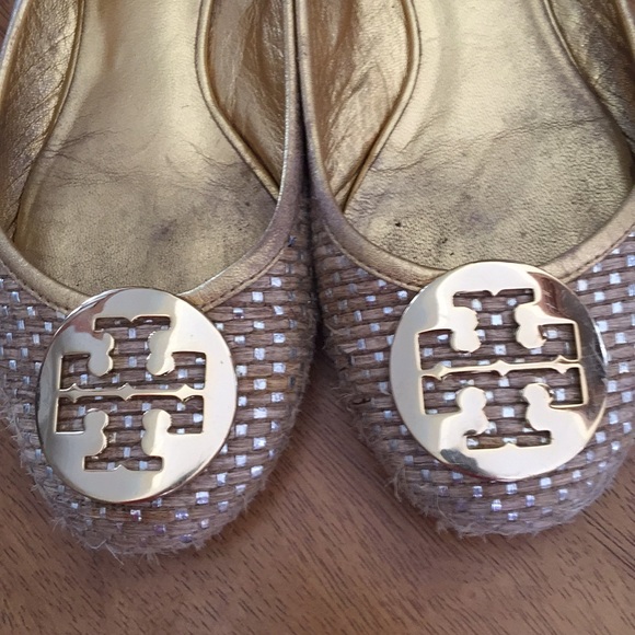 Tory Burch Shoes - Tory Burch Reva gold and silver woven raffia flats